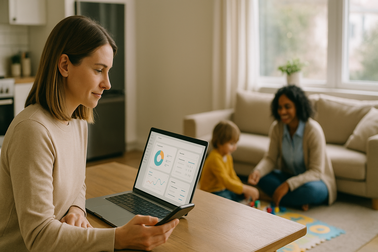 Home scene: caregiver with child while parent manages from app