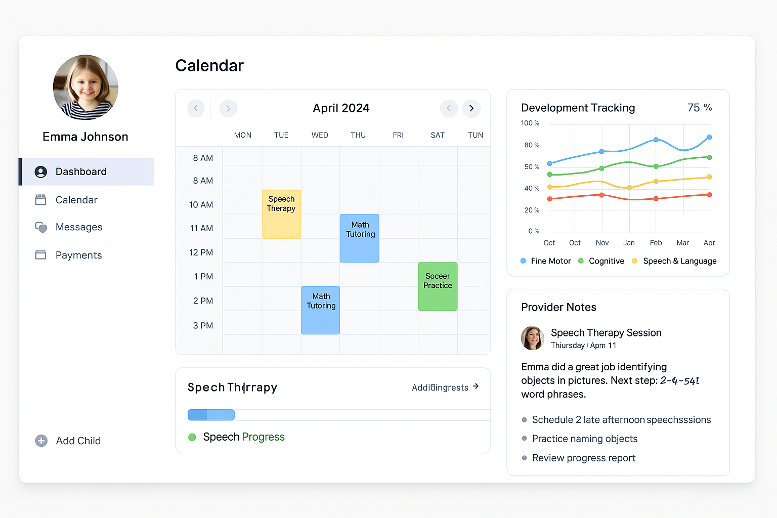 Kideloa parent dashboard: calendar, progress chart, provider feedback